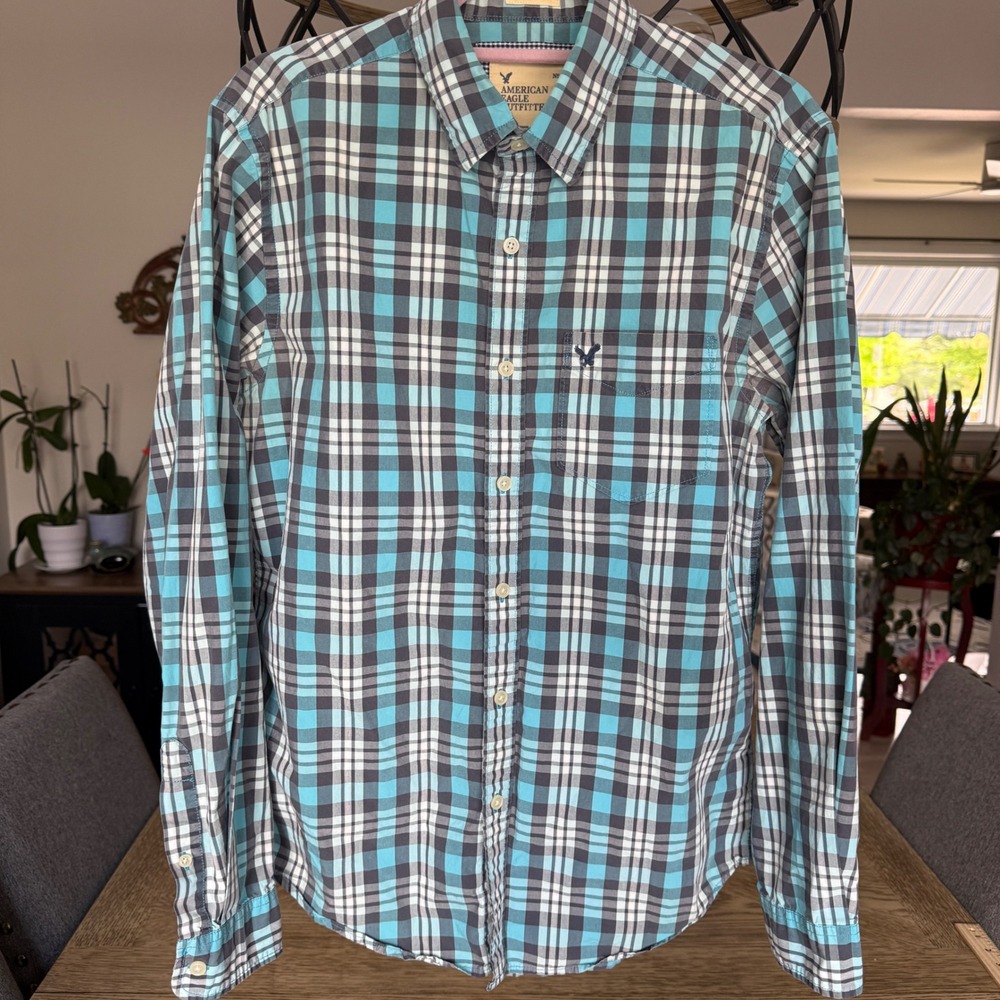 American Eagle Outfitters Mens Western Teal Plaid Button Down Shirt Lng Sleeve L
